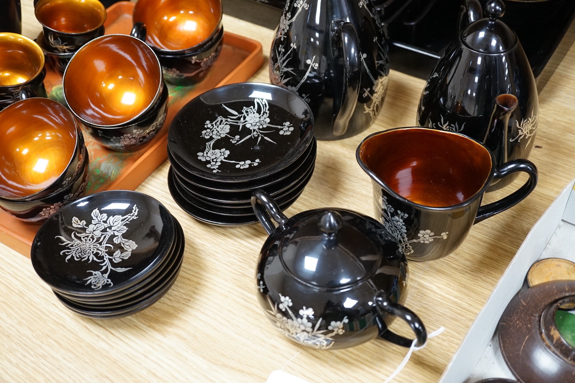 Chinese Fuzhou lacquer tea / coffee wares, including trays